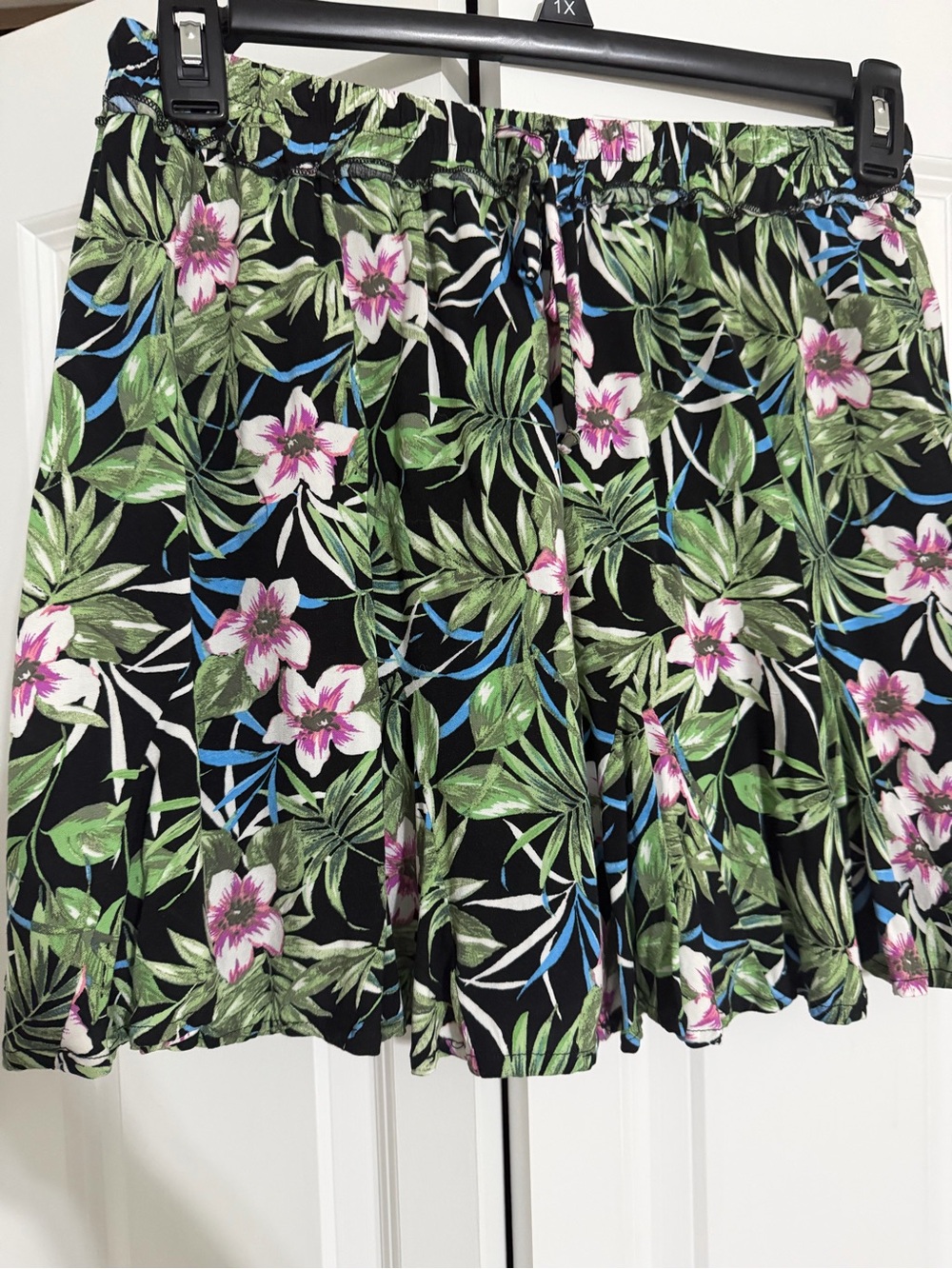 Blue Rain Black Floral Midi Skirt with Green Leaves and Pink Flowers